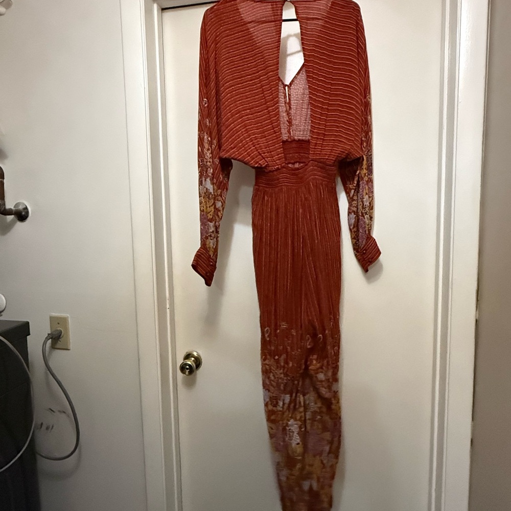 Anthropologie Rust Red bolo Floral open back long sleeved Jumpsuit - Picture 10 of 11